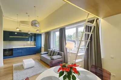 a living room with a ladder and a kitchen at Apartamentai Aqua in Druskininkai