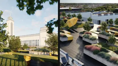 a rendering of a building with benches and plants at Stay in Kaunas & Radio City in Kaunas