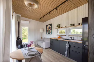 a kitchen and living room with a table and a couch at Pineplace in Joniškis