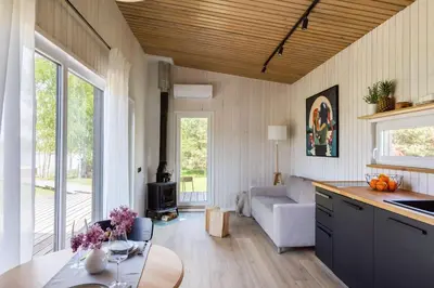 a kitchen and living room with a couch and a table at Pineplace in Joniškis