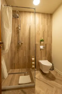 a bathroom with a shower and a toilet at Taurakalnis apartment in Vilnius