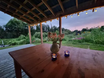 a vase with flowers sitting on a wooden table at Gluosnių vila - Adutiškio pirtis in Švenčionys