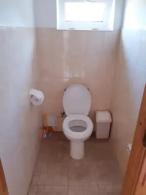 a small bathroom with a toilet and a window at Scout valley in Totoriškis