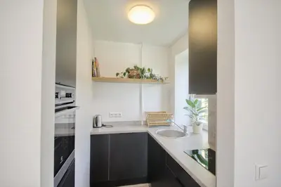 a kitchen with black cabinets and a sink at Modern and cozy flat in Druskininkai