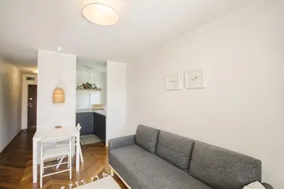 a living room with a couch and a table at Modern and cozy flat in Druskininkai