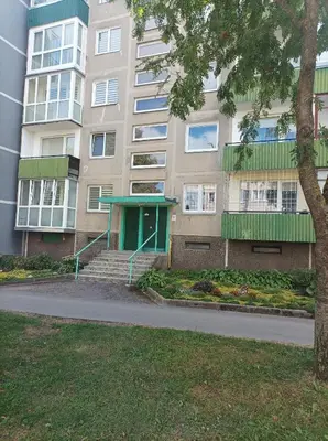 a building with a green door and stairs in front of it at Centrinio parko apartamentai in Šiauliai