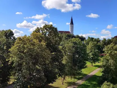 a church steeple in the distance with trees in the foreground at Centrinio parko apartamentai in Šiauliai