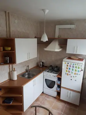 a kitchen with a white refrigerator and a sink at Apartments in Panevezys city center in Panevėžys