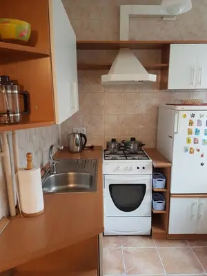 a kitchen with a white stove and a sink at Apartments in Panevezys city center in Panevėžys