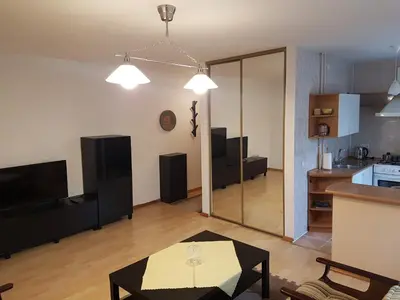 a large living room with a table and a kitchen at Apartments in Panevezys city center in Panevėžys