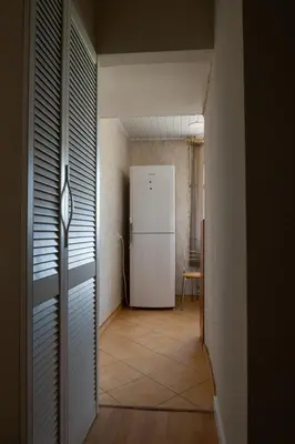 a hallway with a white refrigerator in a room at Apartamentai Tytuvėnuose in Tytuvėnai