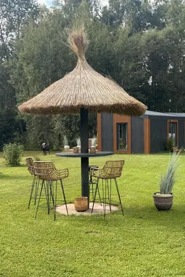 a table and chairs under a straw umbrella in a yard at Vila Forest Resort in Kvietkučiai
