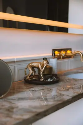 a gold figurine of a monkey sitting on a counter at IVIS House - Classical Apartment with Balcony in Vilnius Old Town in Vilnius