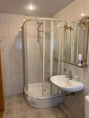 a bathroom with a shower and a sink at Kepezinski ECO Apartments in Kaunas