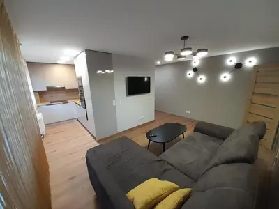a living room with a couch and a kitchen at Vytės apartamentai in Kaunas