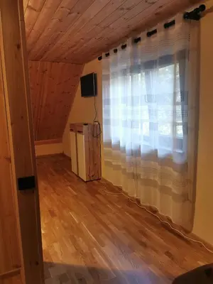 a living room with a window and a television at Apartamentai Pušyne in Druskininkai