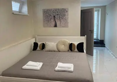 a bedroom with a large bed with two pillows at VILA ROŽĖ Nakvynė in Raseiniai