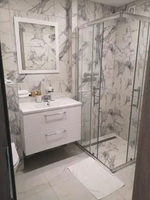 a bathroom with a sink and a shower at VILA ROŽĖ Nakvynė in Raseiniai