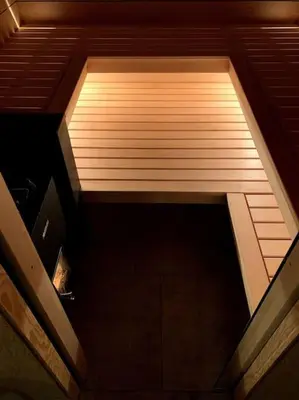 an overhead view of a ceiling with a light at Beautiful Tiny house on the lake side. in Trakai