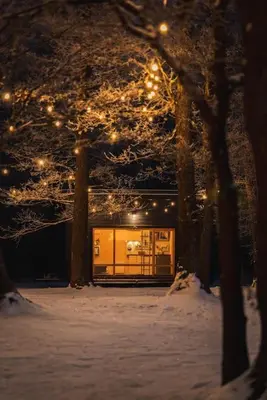 a door to a house in the snow with lights at Beautiful Tiny house on the lake side. in Trakai