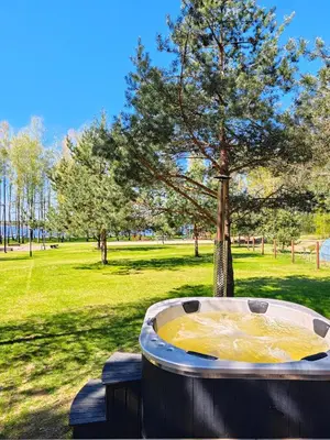 a hot tub with a tree in a park at Pirties Spa namas in Molėtai