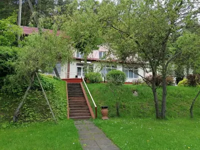 a house with a staircase in a yard at Svečių namai ALDAIVITA in Ignalina