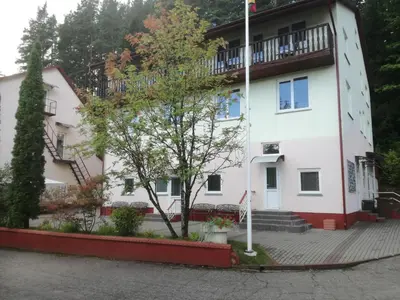 a white building with a tree in front of it at Svečių namai ALDAIVITA in Ignalina