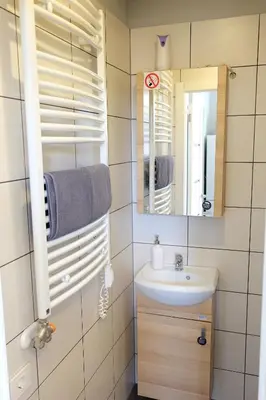 a bathroom with a sink and a mirror at Apartments in Kaunas in Kaunas