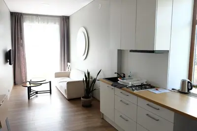 a kitchen with white cabinets and a living room at Apartments in Kaunas in Kaunas
