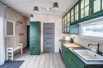 a kitchen with green cabinets and a sink at Bajorų sodyba in Padvarionys