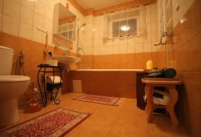 a bathroom with a tub and a sink and a toilet at Neravu namai in Druskininkai