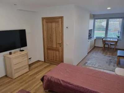 a room with a bed and a flat screen tv at Neris apartments in Šiauliai