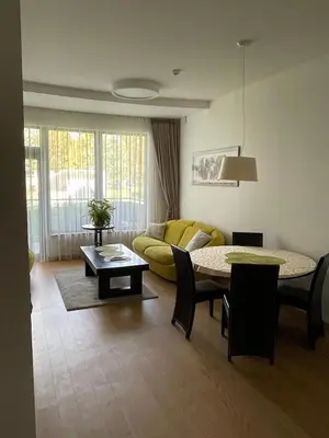 a living room with a couch and a table at Vita Apartment in Druskininkai