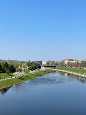 a view of a river with a bridge in the background at Daukanto 5 in Kaunas