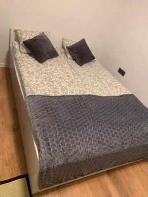 a bed with two pillows on top of it at New Ozas flat in Vilnius