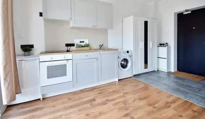 a kitchen with white cabinets and a washer and dryer at New Ozas flat in Vilnius