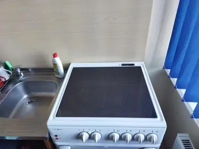 a stove top oven sitting next to a sink at ITAJA apartment in Šiauliai