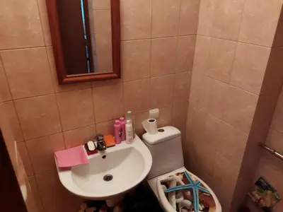 a bathroom with a sink and a toilet and a mirror at ITAJA apartment in Šiauliai