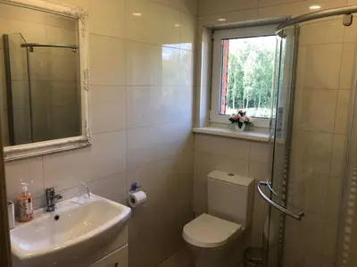 a bathroom with a sink and a toilet and a window at Marių įlanka in Marijampolė