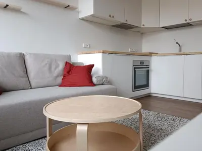 a living room with a couch and a table at Stylish Studio in Central Vilnius in Vilnius