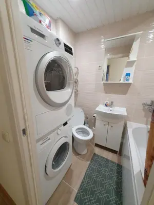 a bathroom with a washing machine and a toilet at Dainai 1-Bedroom apartament. in Šiauliai