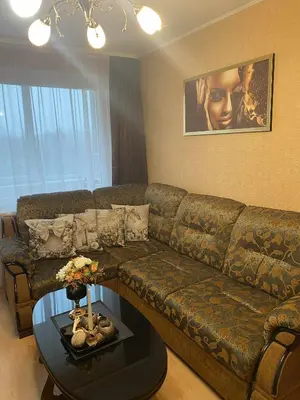 a living room with a couch and a table at Apartamentai šalia parko in Šiauliai