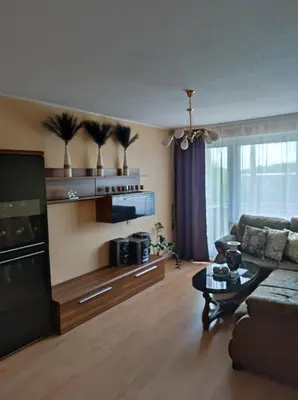 a living room with a couch and a table at Apartamentai šalia parko in Šiauliai
