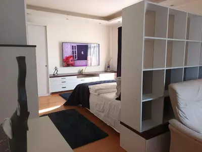 a bedroom with a bed and a tv in it at Skaistakalnio apartamentai in Panevėžys