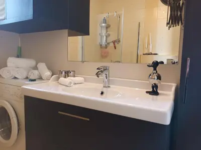 a white sink in a kitchen with a washing machine at Skaistakalnio apartamentai in Panevėžys