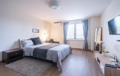 a bedroom with a bed and a television in it at Gynėjų Self Check-in Apartments - Lollo Stay in Vilnius