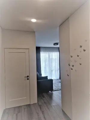 a living room with a door with butterflies on the wall at Aurea apartment in Vilnius