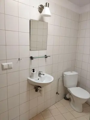 a bathroom with a toilet and a sink and a mirror at Centro Hostel in Vilnius