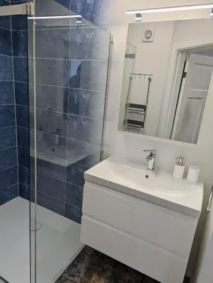 a bathroom with a sink and a glass shower at Lovely 2-bedroom flat in the heart of Druskininkai in Druskininkai
