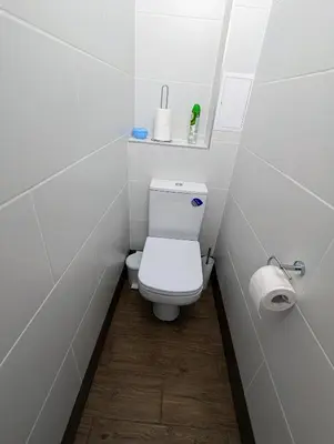 a white bathroom with a toilet and a toilet paper roll at Lovely 2-bedroom flat in the heart of Druskininkai in Druskininkai